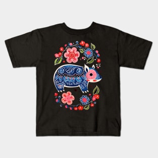 Polish Folk Art Design Cute Pig With Flowers Kids T-Shirt